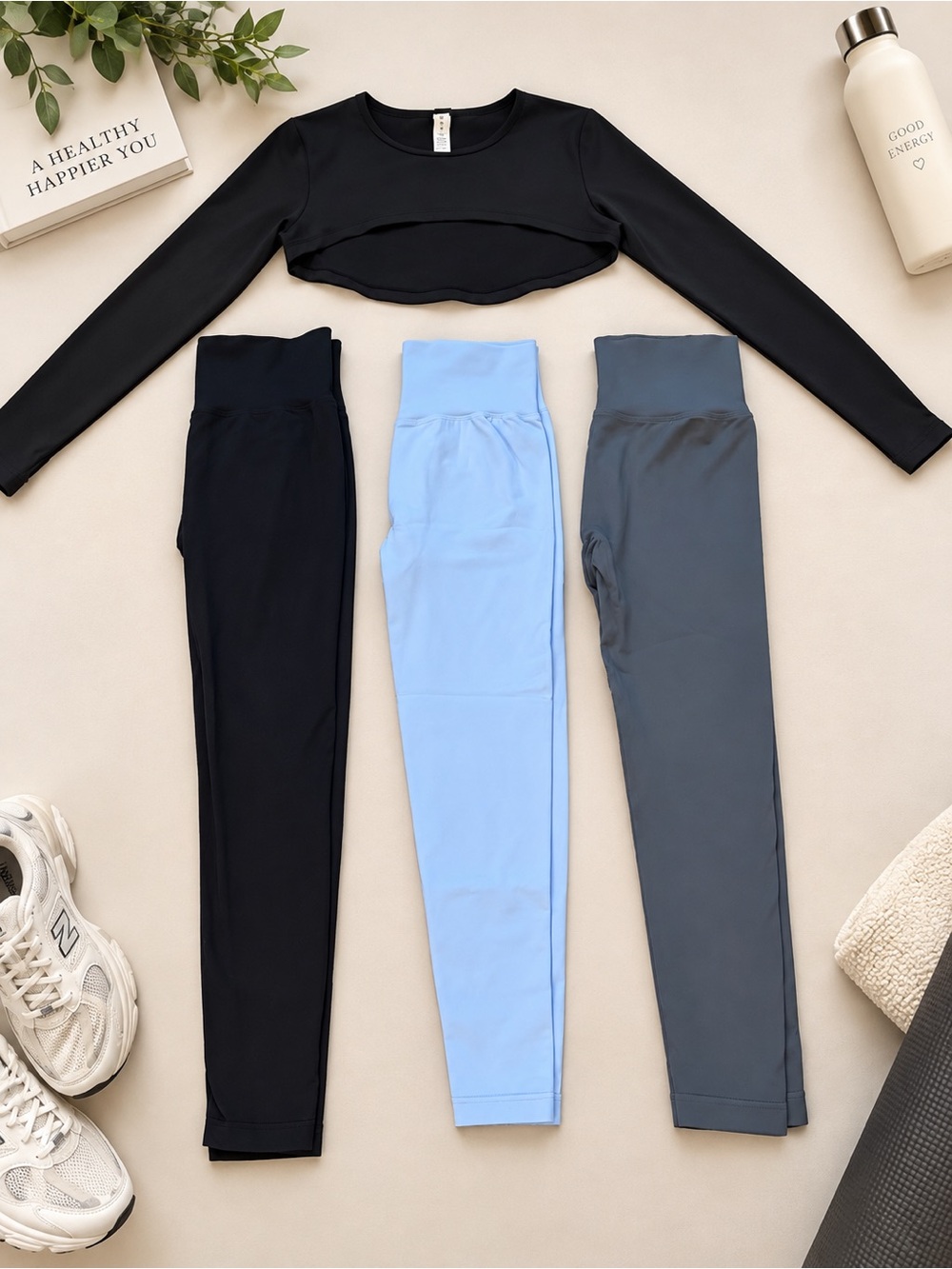 Amazon Essentials Women’s High-Waist Leggings Trio - Black, Light Blue, Gray